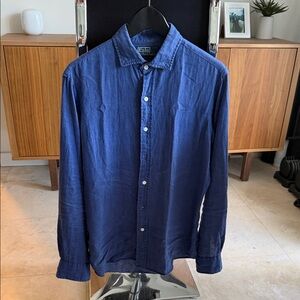 Ralph Lauren Navy Blue Linen Casual Button Down Slim Fit Shirt